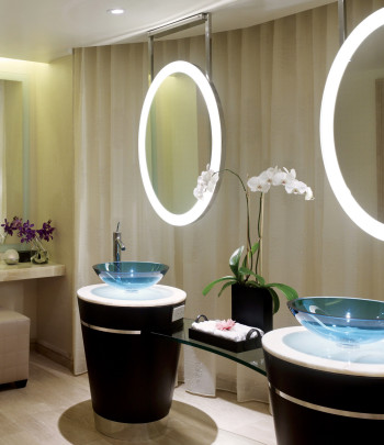 Elite Lighted Mirror with pedestals and glass sinks